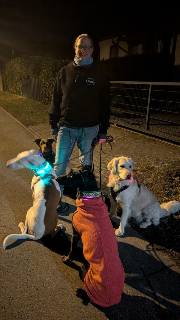 Melanie mit Hunden bei der Nachtwanderung in der Hundeschule in Berlin
